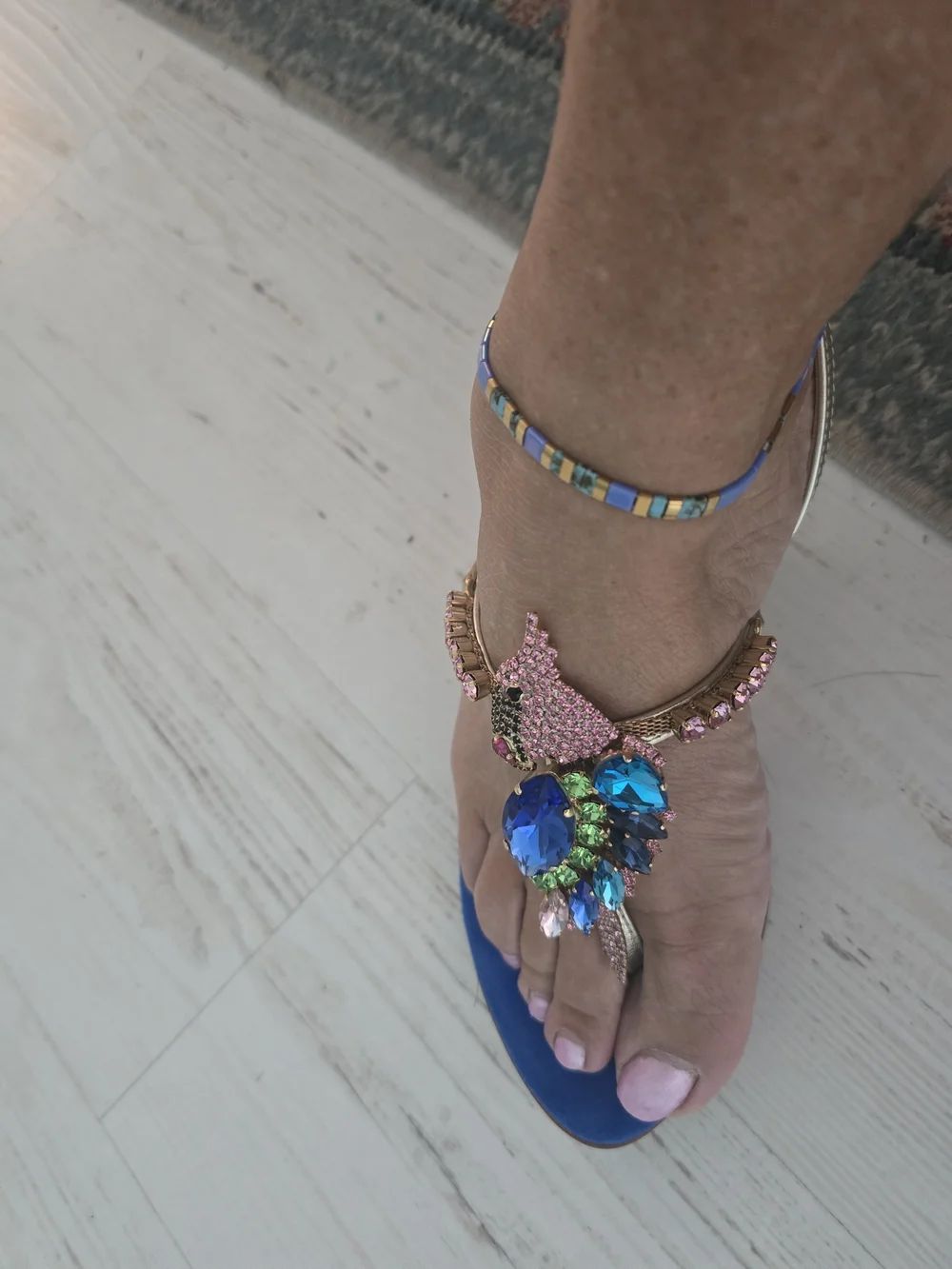 Women’s Blue Jeweled T-Strap Sandals